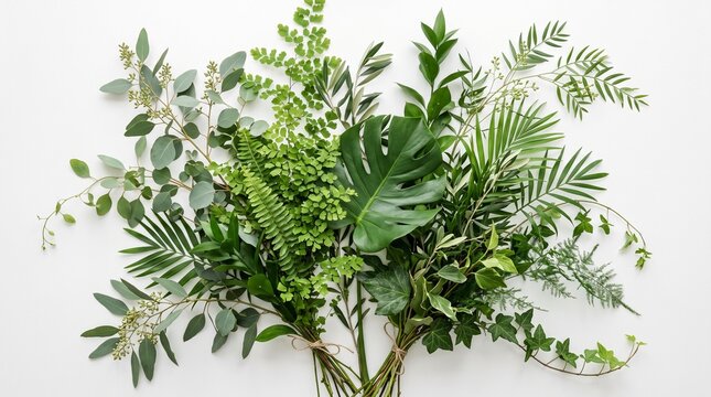 A beautiful bouquet of assorted fresh green leaves and tropical foliage arranged together against a clean plain white background