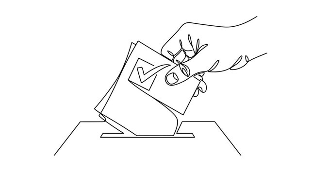 Hand dropping ballot paper into voting box, continuous line art