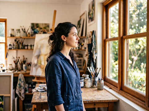 Female Artist Standing Beside a Window in Art Studio