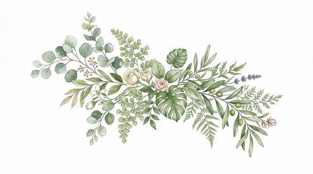 Beautiful watercolor illustration featuring a lush arrangement of green eucalyptus leaves and various forest ferns isolated on white background