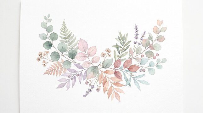 A delicate hand drawn watercolor illustration featuring a festive floral wreath arrangement with soft pastel colors on white background