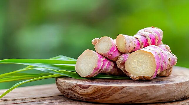 Pink ginger root slices on wooden board