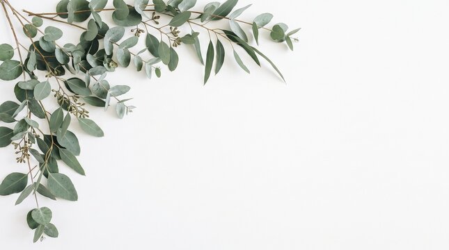 Elegant corner border made of fresh green eucalyptus leaves and branches isolated on a clean white background for design