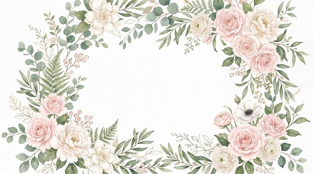 Elegant watercolor floral frame featuring soft pink roses and green eucalyptus leaves for wedding invitations or romantic greeting card designs