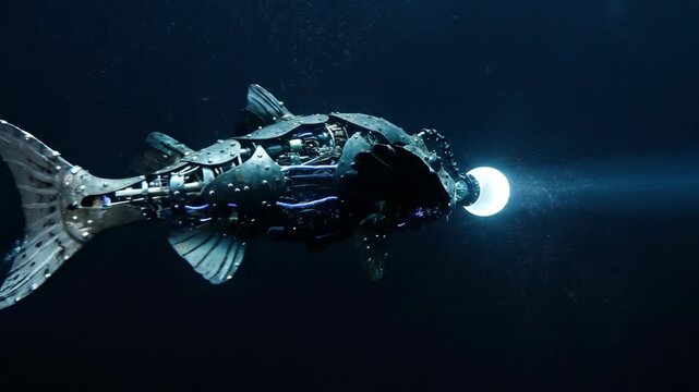 A mechanical anglerfish with a glowing lure illuminates the dark deep ocean. This cinematic underwater scene features a robotic creature swimming in darkness.