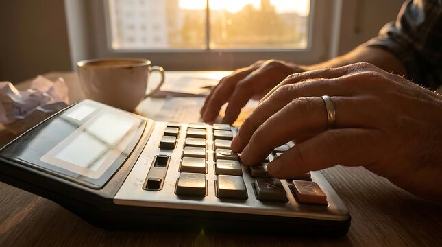 Hands using large office calculator on wooden desk.