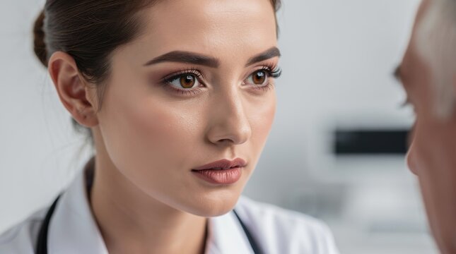 Close-up of a Female Doctor Engaged in a Serious Consultation with a Patient in a Bright Medical Office Environment
