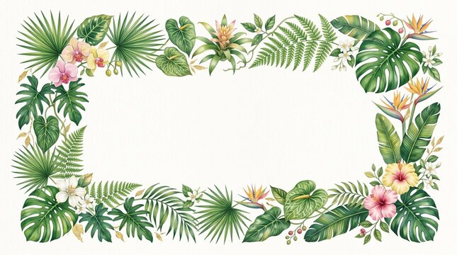 Beautiful watercolor tropical frame featuring lush green monstera leaves palm fronds and exotic flowers on a clean white background