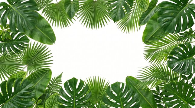 A beautiful frame made of various green tropical leaves surrounding a white rectangular space for your custom text design