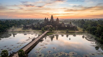 Naklejka premium Ancient Temple Complex Reflected in Water at Sunrise