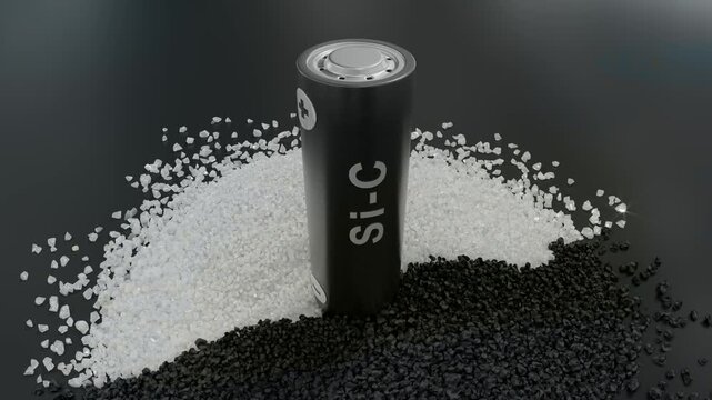 Silicon Carbon Battery Cell Standing On Raw Material Powder