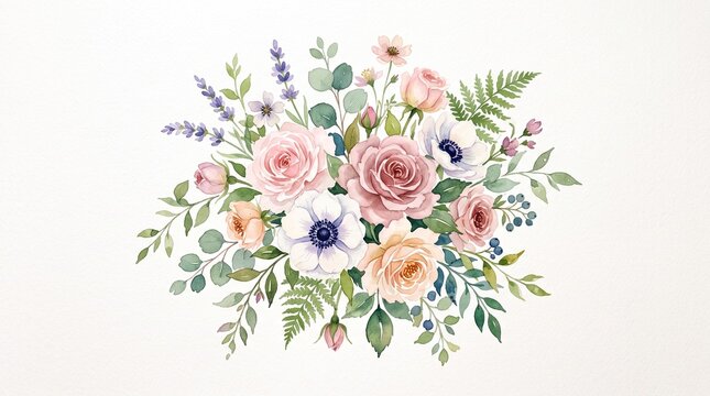 Beautiful watercolor floral arrangement featuring soft pink roses and white anemones with green eucalyptus leaves on a white background