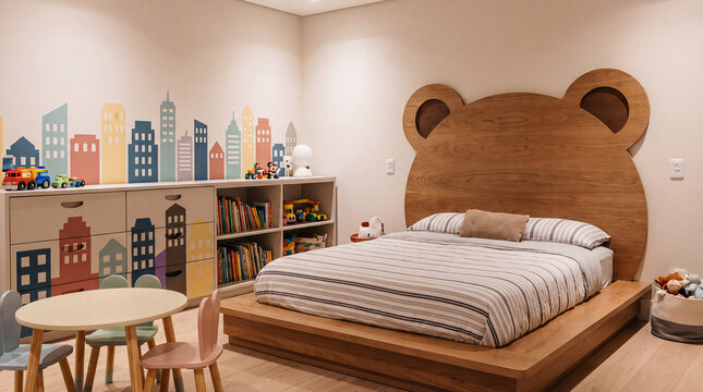 children's bedroom with bear-shaped headboard and city skyline interior furniture childhood
