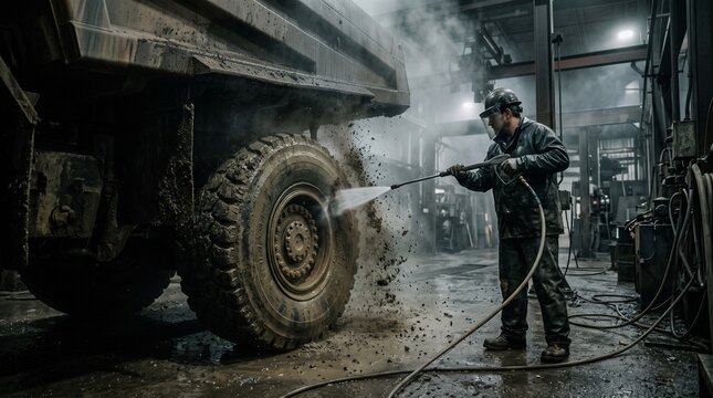 Male worker wearing a face shield and dark protective suit power washes a massive muddy truck tire in an industrial facility, heavy machinery maintenance, industrial cleaning process.