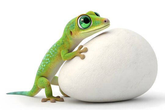 Cute green gecko climbing out of a white egg