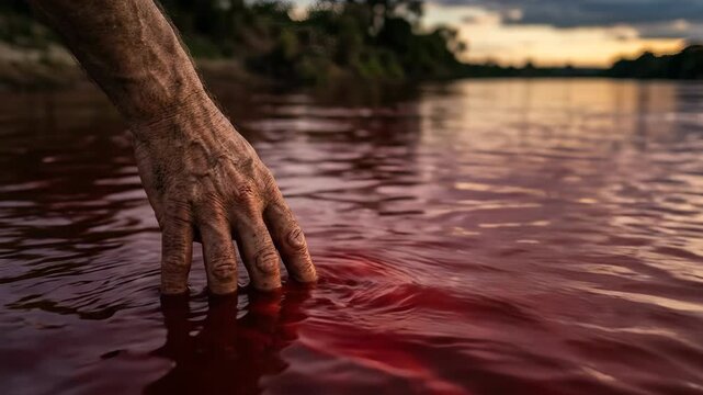 A man weathered right hand dips fingers into a river filled with deep red blood like water a dramatic scene representing the ancient and biblical plague of Egypt