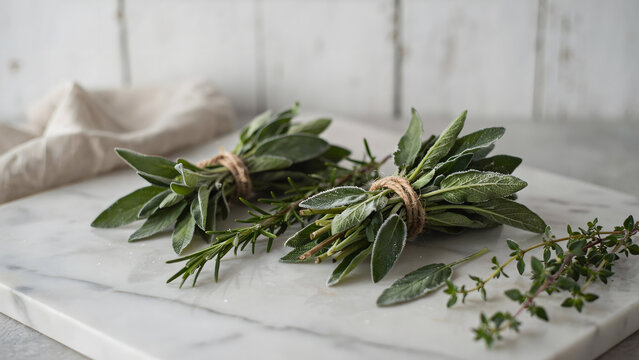 Two bundles of fresh green sage and rosemary tied with twine on a white marble board with a soft beige cloth in the background setting