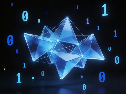 Blue geometric digital shape with binary numbers