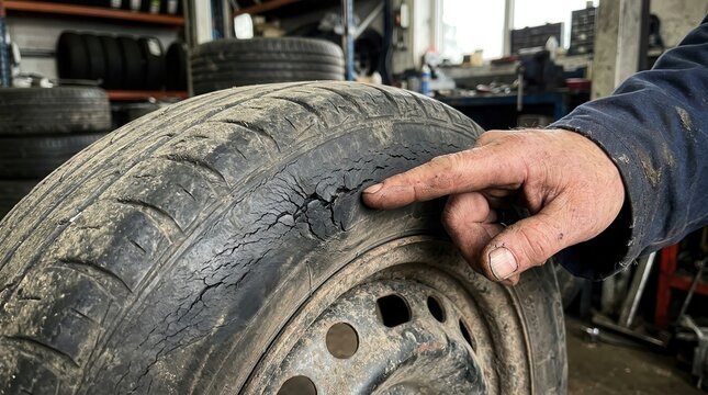 Mechanic Examining Damaged Car Tire with Deep Cracks in an Industrial Garage Setting for Vehicle Safety Maintenance and Essential Automotive Repair Diagnostics