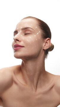 Serene woman with animated face and neck mapping grid in wellness beauty portrait. Concept of smart antiaging assessment, aesthetic treatment planning, digital wellness innovation.