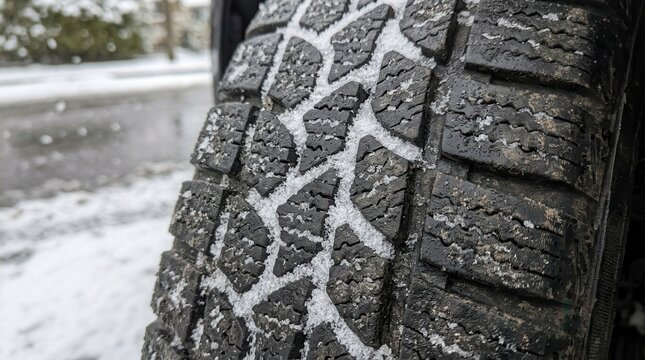 Winter Car Tire Featuring Deep Tread Patterns Filled with Fresh Snow for Enhanced Traction and Safety During Cold Weather Driving Conditions on Icy Roads