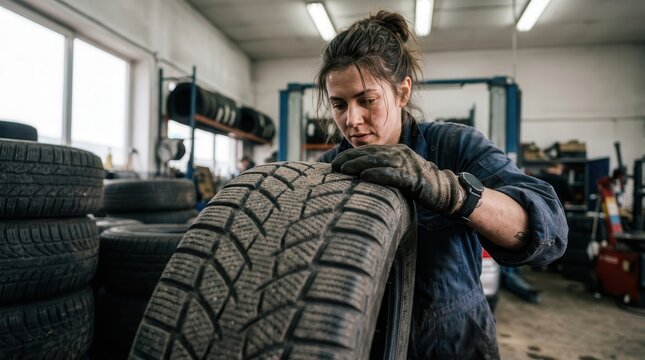 Mechanic Inspecting Automotive Tires Emphasizing Technical Expertise and Industrial Maintenance in Modern Vehicle Repair Services