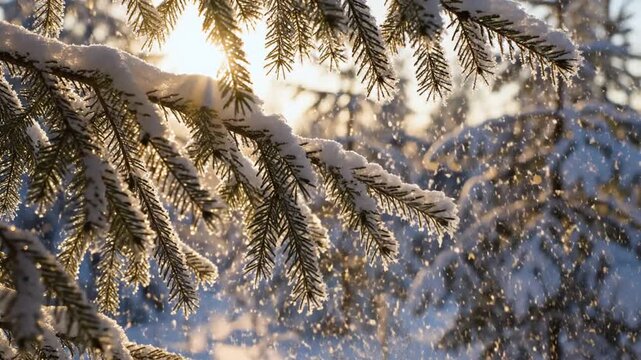 Snowy spruce branch in golden morning sunlight during winter
