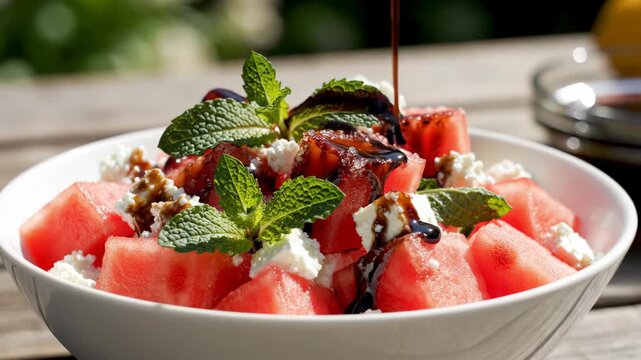 Close-up of a summer salad with cubed watermelon, feta cheese, and fresh mint leaves, drizzled with balsamic glaze.