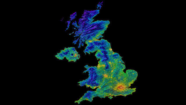 United Kingdom Heat Map on Black Background &mdash; colorful topographic silhouette showing urban density, terrain and glowing transport networks across Great Britain.
