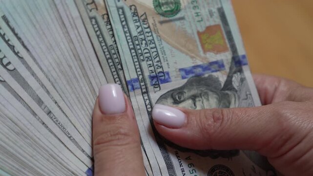 Money, cash, currency, hands counting stack of one hundred dollar bills for business finance transaction or wealth management savings concept