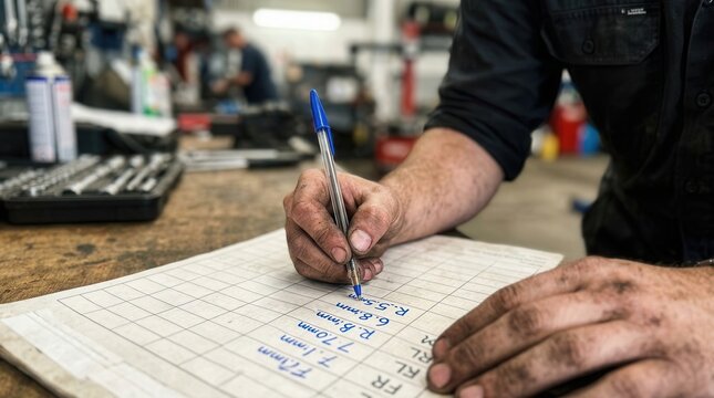 A Diligent Mechanic Meticulously Recording Precise Technical Measurements on a Grid Sheet Inside a Bustling Industrial Workshop Environment for Quality Control and Automotive Maintenance Tasks
