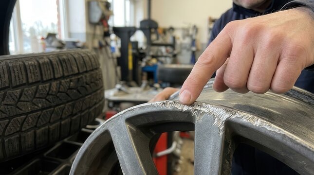 Mechanic inspects a damaged alloy wheel rim in a workshop