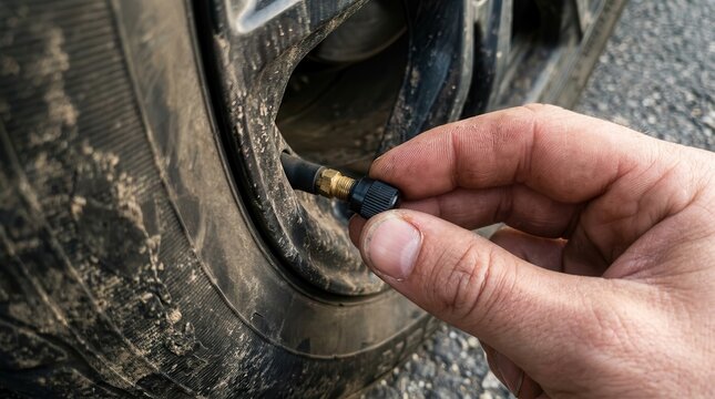 Hand tightening a tire valve cap on a muddy car wheel