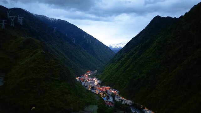 Aerial view of the night scenery of the Gulo Lake Snow Mountain in Aba, Sichuan Province