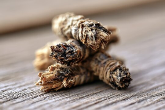 Three bagworm cases stacked on a natural surface in a quiet macro still life