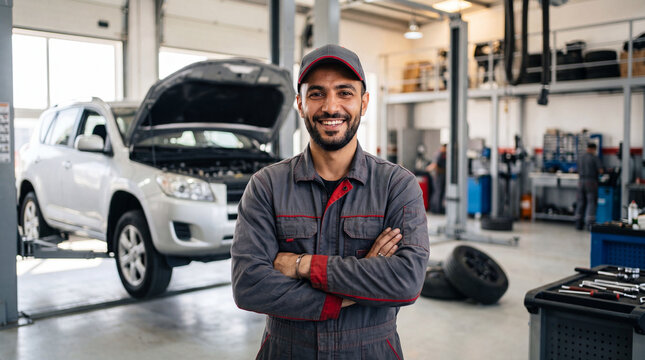 Mechanic stands in car repair shop with tools and vehicles in background