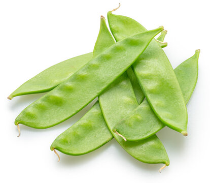 A loose pile of fresh, young green snow peas in pods, isolated on a white background.