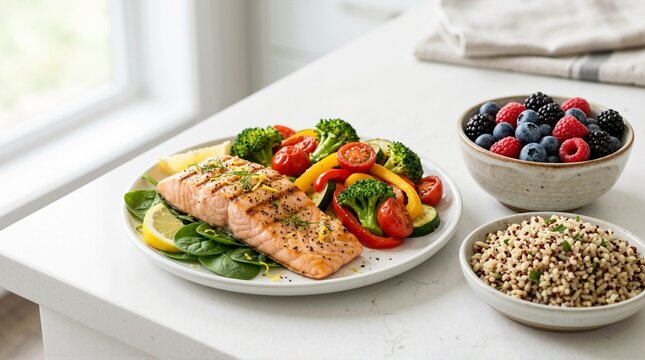Grilled salmon fillet with vegetables, quinoa, and mixed berries. Healthy balanced meal on a kitchen counter. Nutrition and weight loss concept