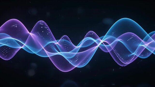 Translucent ribbons drift in layered overlap across dark background, shifting through cyan, blue and violet gradients while bright intersections