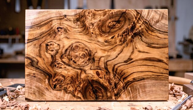 Close up top down view of exotic polished burl wood grain plank surface texture