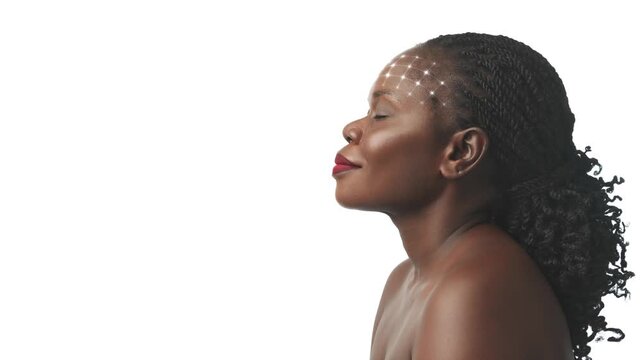 Black woman with animated face and neck scan points in natural beauty profile. Concept of inclusive skincare technology, complexion monitoring, personalized dermatology care.