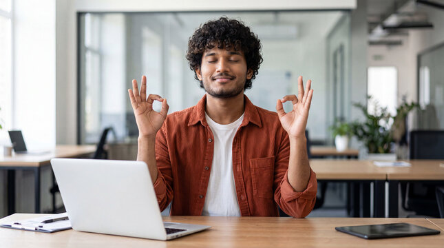 Man practices mindfulness at a desk in an office during work hours to relieve stress and enhance focus