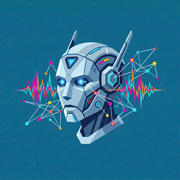Futuristic Robot Head with Network Nodes and Colorful Waveforms Vector Illustration