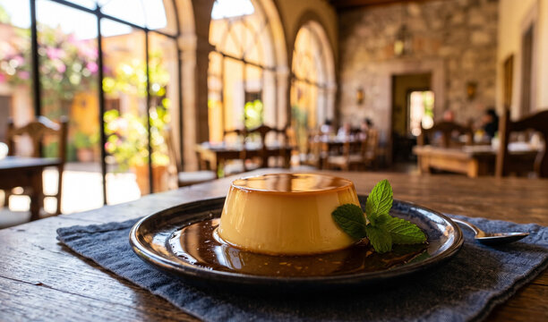 A rich golden Mexican caramel flan dessert on a polished dark ceramic dish, Silky smooth baked custard drenched in glossy amber caramel syrup pooling around the base, garnished with fresh mint sprig. 