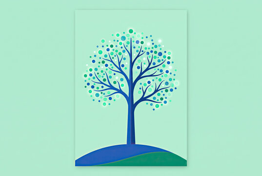 Stylized Blue Tree Illustration with Green Dot Leaves