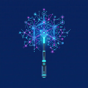Glowing Futuristic Wand Emitting Neon Geometric Network Lines