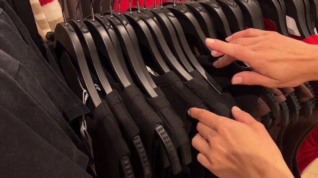 Woman hands browsing clothes on hangers in clothing store. Close up of female hands flipping through tops and t-shirts on black hangers in a retail clothing store, selecting and touching garments whil