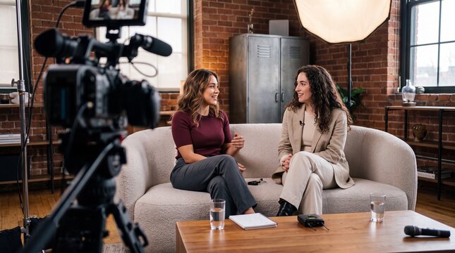 Two women talk during an interview in a studio with a camera setup and a casual background