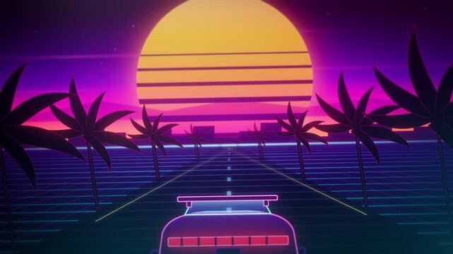 Neon sports car races along a palm-lined grid highway toward a giant sunset in a vibrant 1980s arcade animation for online gaming promos and social media.