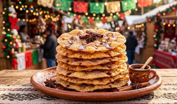 A rich stack of golden crispy Mexican Bunuelos on a clay platter, Thin, bubbly fried dough discs dusted with cinnamon sugar, drizzled with glossy dark piloncillo (unrefined cane sugar) syrup infused w